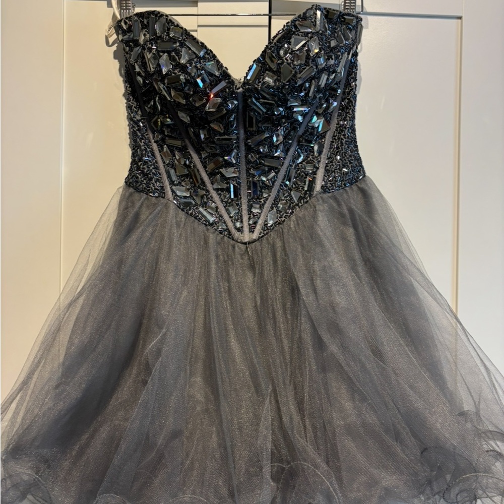 Black and Silver Strapless Gown